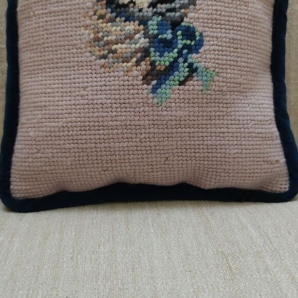 Vintage Needlepoint Gray Tabby Kitten Pillow Blue Velvet Backing - Picture 5 of 8